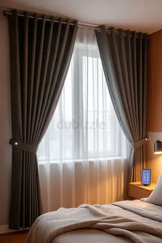 Dark Grey Blackout Eyelet Curtains with Sheer Voile Set - Pair