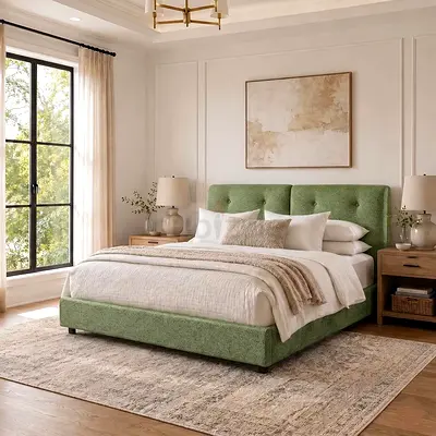 Button tufted pillow back queen boucle bed