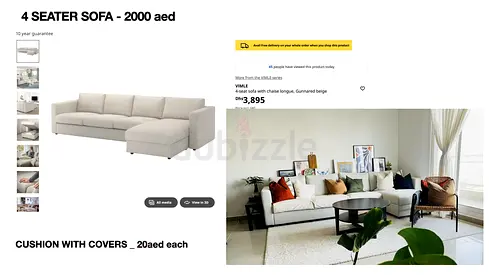 4-seater L-shaped Sofa with Chaise - Beige, VERRY Good Condition