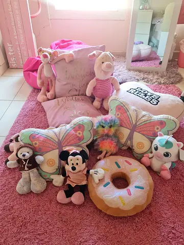 Assorted soft plush toys and cushions - gently used set