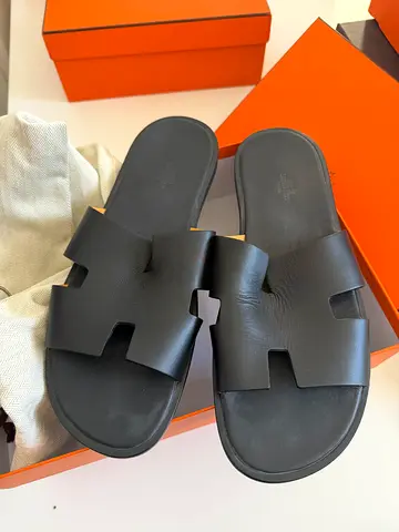 Hermes Black Leather Slip-On Sandals - Size 46, Lightly Used