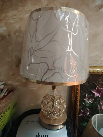 Glass Crystal Base Table Lamp with Floral Shade - Good Condition