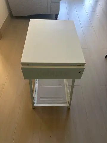IKEA white side table with pull-out drawer and mesh shelf - good condition