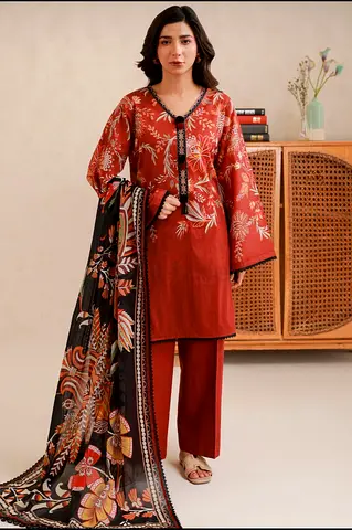 Rust printed 3-piece lawn suit