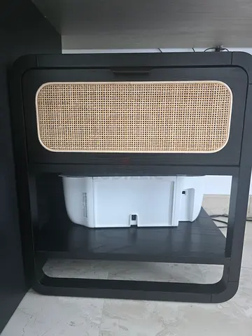 Modern Black Bedside Table with Rattan Drawer