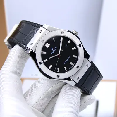Hublot Classic Fusion style automatic mens watch - black dial, leather strap