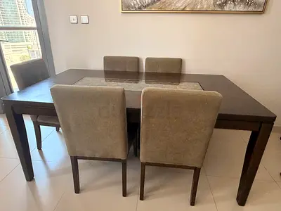 Home Centre Solid Wood Dining Table with 6 Upholstered Chairs - Good Condition