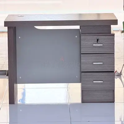 Compact grey wooden office desk with 3-lockable drawers