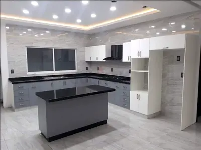Modern L-shaped kitchen cabinets with island - grey  white