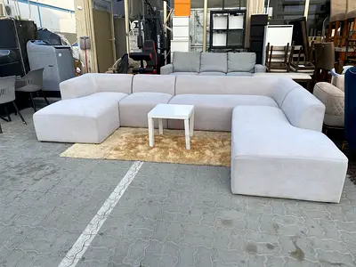 Large U-Shaped Modular Fabric Sofa — Light Grey, Good Condition