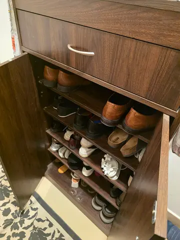 Wood Finish Shoe Cabinet with Multiple Shelves - Good Condition