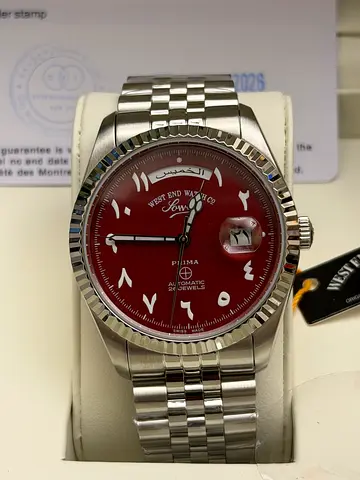 -style Stainless Steel Mens Wristwatch with Red Dial and Date Window
