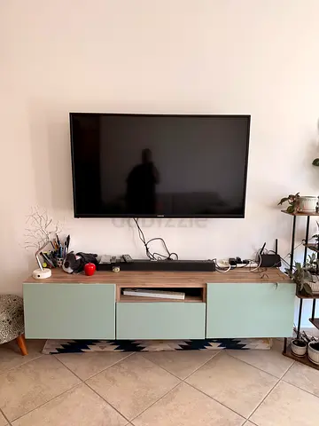 IKEA Bestå Modern low TV cabinet with storage - light green and wood finish