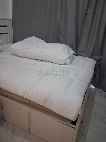 White wooden Queen size bed frame with storage – good condition