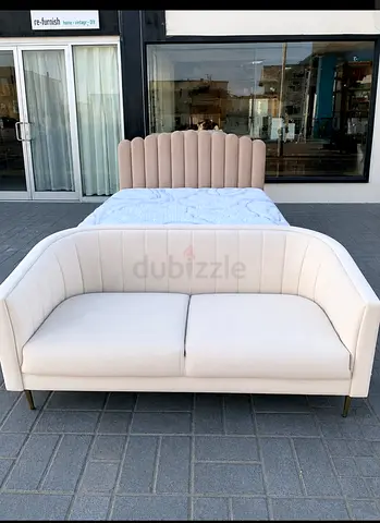 Modern Two-Seater Sofa and Scalloped Headboard Bed Set