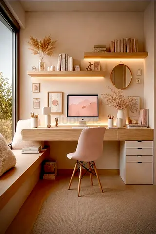 Minimal Wooden Home Office Desk with Shelving (Light Oak)