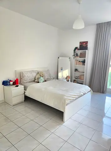 Large bed + 1 bedside table and shelving unit
