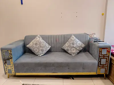 Modern Blue Velvet Sofa with Gold Accents