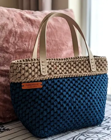 Handmade Blue  Beige Woven Tote Bag with Leather Handles
