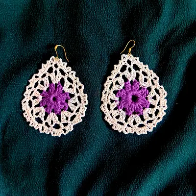 Handmade Crochet Teardrop Earrings - Purple Center, beige Lace