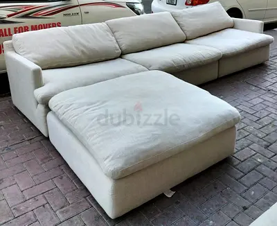 Large Ivory L-shaped Fabric Sofa with Ottoman - Comfortable 3-seater