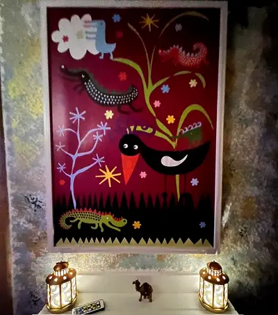 Framed Folk-Art Style Bird  PAINTING FREE DELIVERY