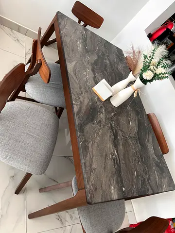 Solid Wood Dining Table with Marble-Effect Top and 6 Chairs