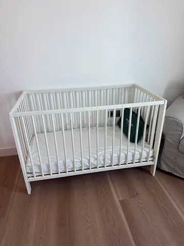 White Wooden Baby Crib - with mattress