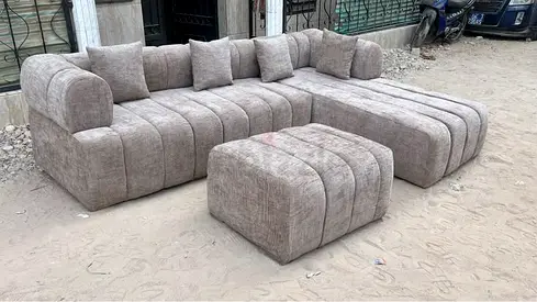 L-shaped Modular Fabric Sofa Set with Ottoman - Light Grey