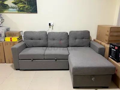 Grey L-Shaped Sofa Bed with Storage