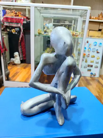 Modern Abstract Seated Figurine - Silver Resin Sculpture 23cm tall