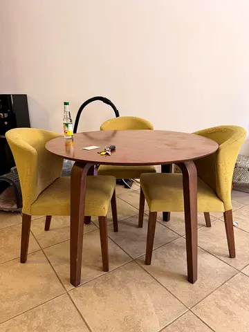 Solid Wood Round Dining Table with 3 Upholstered Chairs - Good Condition