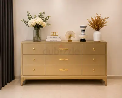 Beige 9-Drawer Dresser with Gold Handles