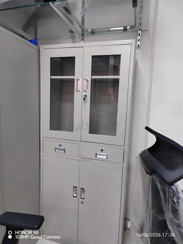 Metal Storage Cabinet with Glass Doors and Lockable Drawers