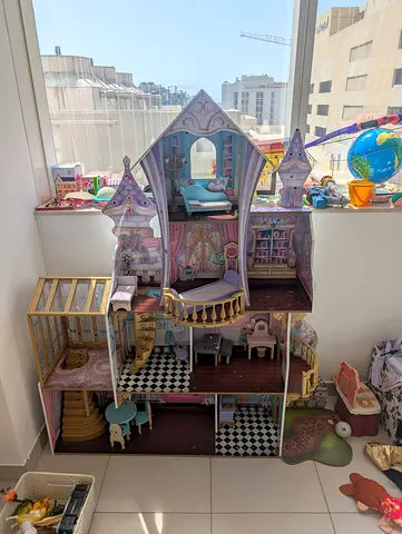 Large Multi-Story Wooden Dollhouse with Furniture