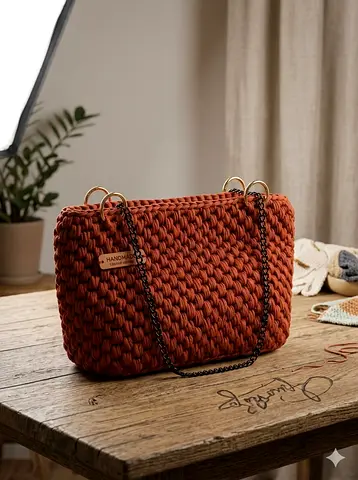 Handmade Rust Crochet Shoulder Bag with Chain Strap