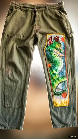 Hand-painted olive green carpenter pants with dragon ball z dragon artwork