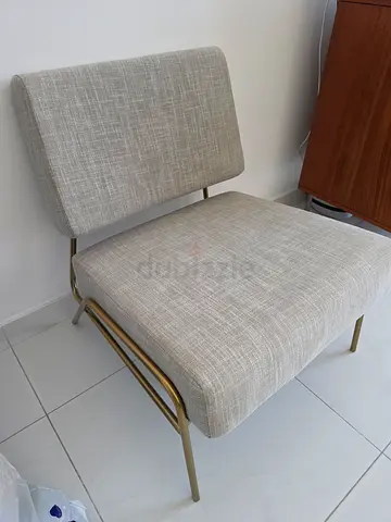 West elm Light Grey Upholstered Accent Chair with Brass Frame
