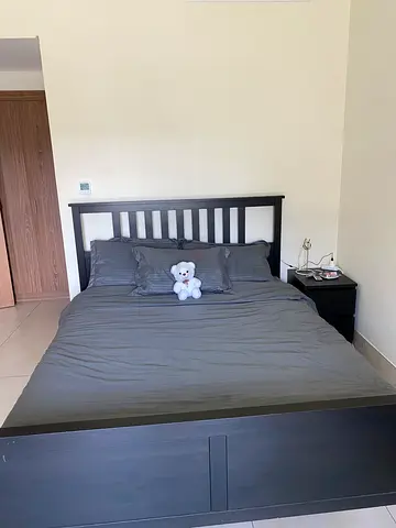 Dark Wood Queen Bed Frame with Headboard  Storage Footboard