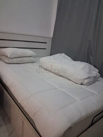 White wooden Queen size bed frame with storage – good condition