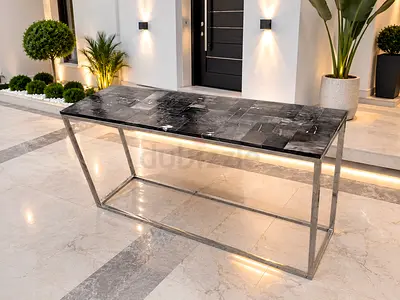 Marina Home Console table Buttercup Stone +
 Polished chrome base anchors the crisp frame