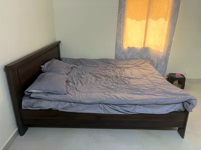 King wooden bed frame( 200 x180) with headboard - dark brown + bed + bedsheets + 2pillow + comforter