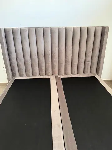 Queen size upholstered bed frame with vertical channelled headboard - grey