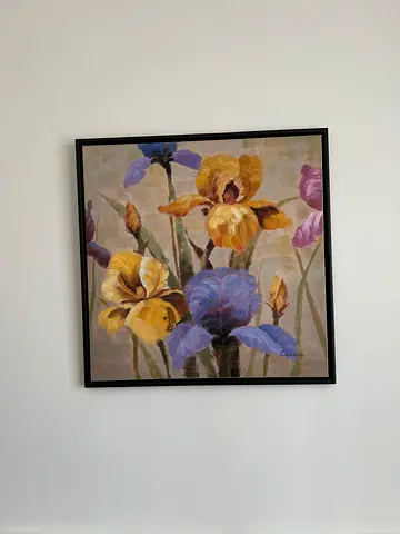 Framed Floral Canvas Painting — Purple  Yellow Irises