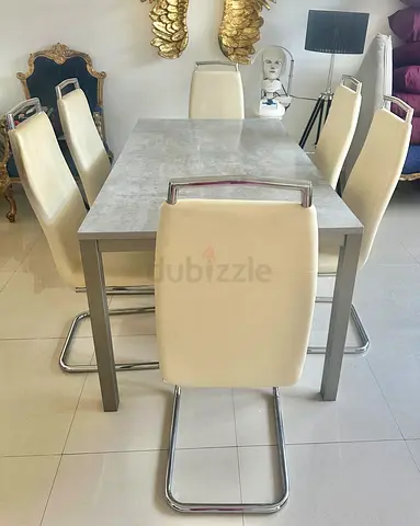 6-Seater Modern Dining Table with Chrome Frame and White Faux Leather Chairs