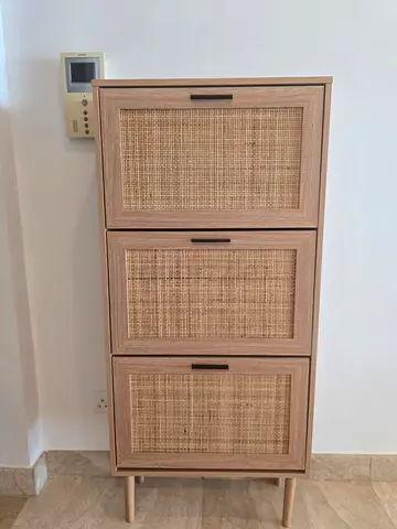 Three-Drawer Rattan Front Shoe Cabinet / Storage Unit - Light Wood