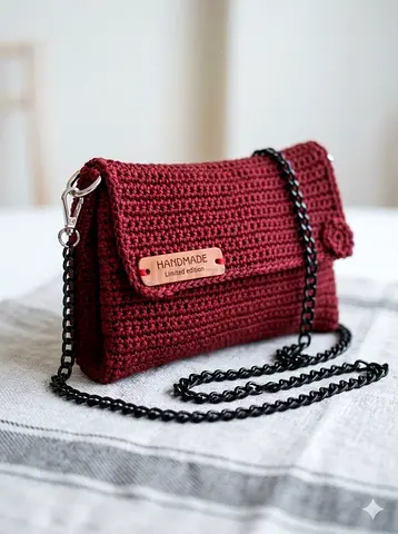 Handmade Crocheted Maroon Crossbody Bag with Chain Strap