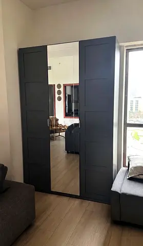 IKEA Dark Grey 3-Door Wardrobe with Center Mirror — excellentCondition