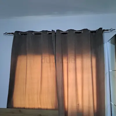 Set of neutral blackout curtains with decorative rod (used)