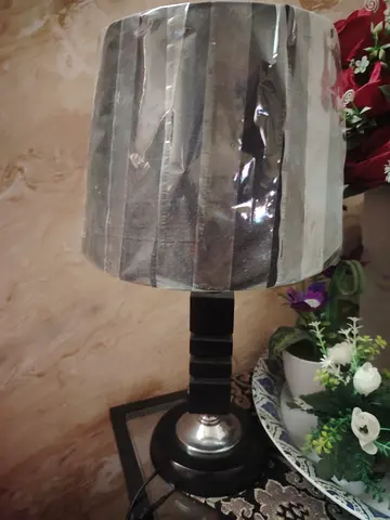 Black wooden table lamp with fabric shade (lightly used). Pair of two lamps with bulbs.